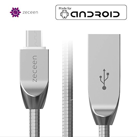 ZECEEN Metal Micro USB Cable – Fast Charging & Data Transfer Speeds – Almost Unbreakable with Zinc Alloy Connector & Braided Steel Jacket Spring Wire – Wide Compatibility – 3.3 ft (1m)