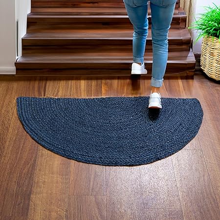 Super Area Rugs Farmhouse Jute Braided Rug - Reversible Natural Fiber- Eco Friendly Rug for Living Room - Kitchen - Dining Room Hand Woven, Navy, Half Circle 16" x 33"