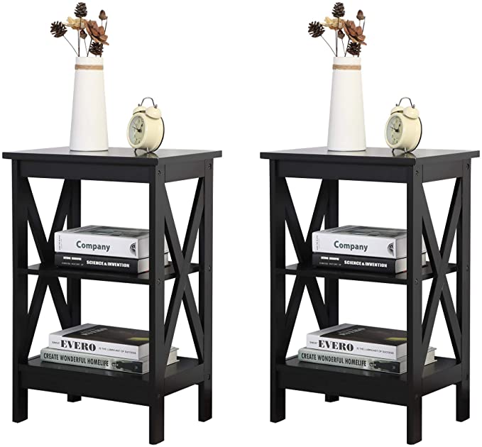 JAXPETY Set of 2 Modern 3-Tier Nightstand Desk Storage Shelf, X-Design End Tables Coffee Side Table for Office, Living Room, Bedroom Furniture, Black