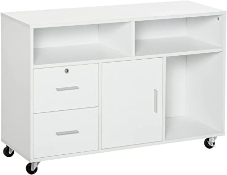 HOMCOM Mueble Auxiliar de Oficina Mueble Archivador con Ruedas Estantes y Cajones Armario Multiusos con Gran Almacenaje 100x35x65 cm Blanco