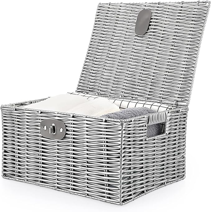 Hipiwe Woven Storage Basket Bin with Lid Wicker Hamper Stackable Box with Handles Home Decorative Storage Boxes Shelf Basket for Picnic, Laundry, Nursery, Toys (Large, Grey)