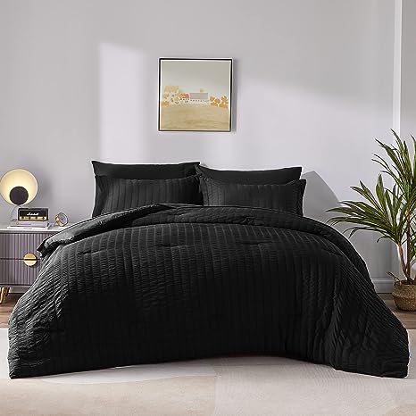 CozyLux King Seersucker Comforter Set with Sheets Black Bed in a Bag 7-Pieces All Season Bedding Sets with Comforter, Pillow Sham, Flat Sheet, Fitted Sheet, Pillowcase