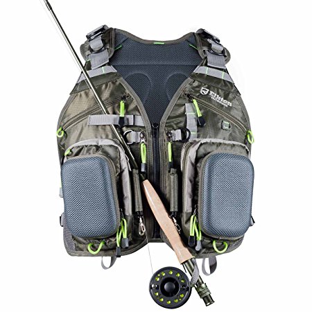 Elkton Outdoors Universal Fit Fly Fishing Vest Backpack With Hard Shell Storage Compartments and Rod Holders / Fly Fishing Vest Pack / Fishing Vest Mesh