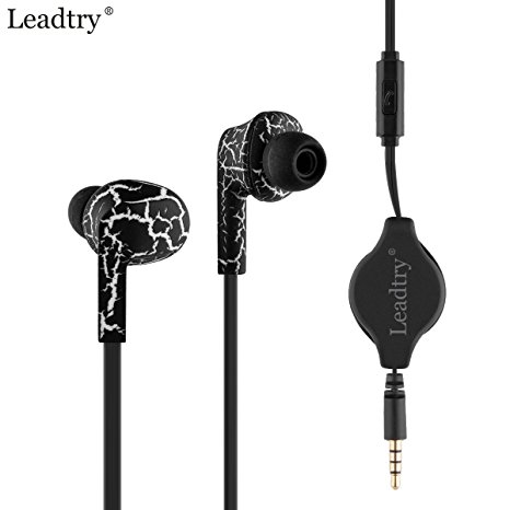Leadtry SS-2 Retractable Headset In-Ear Sport Stereo Earbud Headphones Dynamic Crystal Clear Sound Ergonomic Comfort-fit Noise Insulating Built-in Mic Earphone (Black)