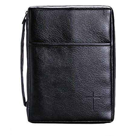 Soft Black Embossed Cross with Front Pocket Leather Look Bible Cover with Handle, X-Large