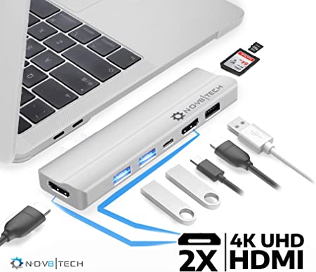 NOV8Tech USB C Hub Dual 4K HDMI Triple Display Adapter Docking Station for 2020/2019/2018/2017/2016 MacBook Pro, 2020/2019/2018 MacBook Air 8 in 2 with USB C 100W PD, 2X USB 3.0, USB 2.0, SD/Micro SD