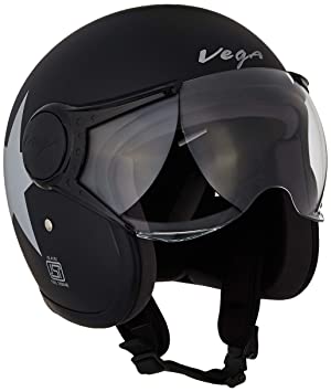 Vega Jet Star W/Visor Open Face Helmet (Dull Black and Silver, Large)