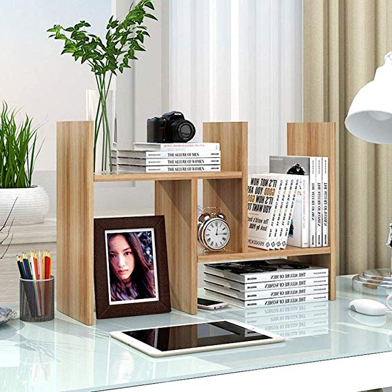 Garwarm Desktop Organizer,Office Storage Rack Adjustable Wood Display Shelf,Counter Top Bookcase,Walnut