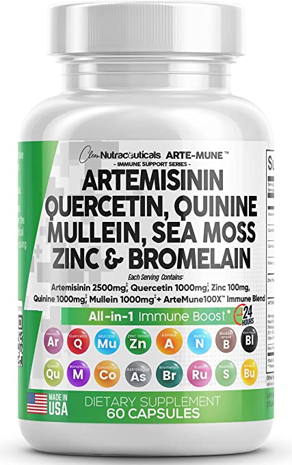 Artemisinin 2500mg Quercetin 1000mg Zinc 100mg Mullein Quinine Supplement with Sea Moss Bromelain Ashwagandha Root Nettle Leaf Bladderwrack Burdock Root Monolaurin Colostrum Rutin - Immune Support USA