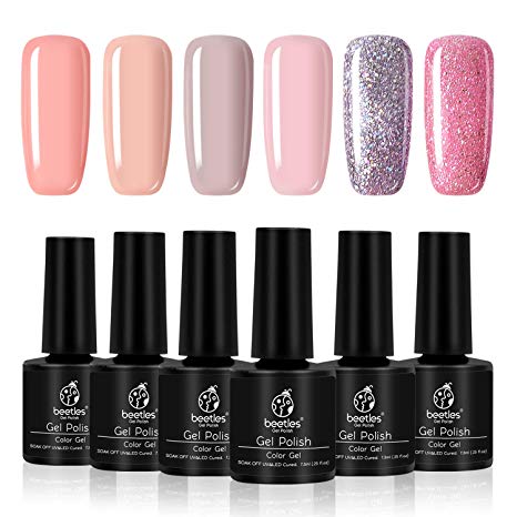 Beetles Gel Polish Peaches & Pink Set - Pack of 6 Colors Shine Finish and Long Lasting, Soak Off UV LED Gel, 7.3ml Each Bottle (Pure Shimmering Glitters Colors)