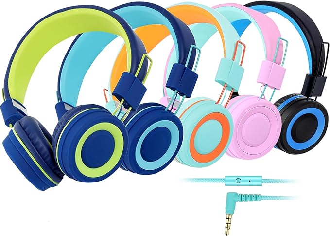 CN-Outlet 5 Pack Kids Headphones Bulk for School Classroom Students Teens Toddler, Wired Adjustable Headsets for Libraries Families Childern and Adults (Mixed Colors with MIC)