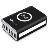 EC Technology 50W 10A 5-Port Smart USB Charger with Qi-Enabled Wireless Charging Pad Smartphone Tablets and Qi-Enabled Devices