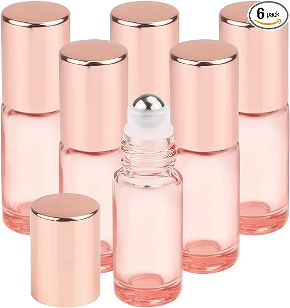 1/6 Oz Pink Glass Roller Bottles,6 Pack 5ml Roll On Bottles With Rose Gold Lids Roller Ball Bottles For Essential Oils Perfume Cosmetic Liquid