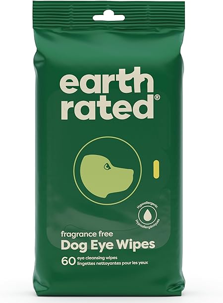 Earth Rated Dog Eye Wipes, Hypoallergenic Plant Based Eye Wipes for Dogs to Remove and Reduce Tear Stains & Eye Discharge, Fragrance Free, 60 Count