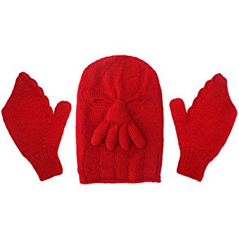 Knit Wool Red Crustacean Crab/Lobster Ski Mask Hat & Gloves Set