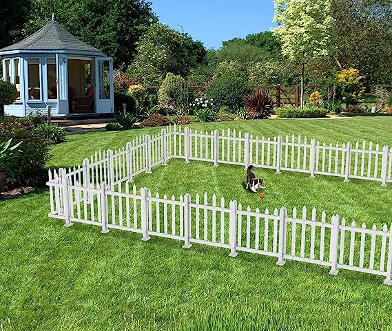 Windscreen4less Outdoor Vinyl Picket Fence Panels Decorative PVC Barrier Fencing for Porch Patio Front Door Yard Garden Pool W 46" x H 36" (2 Sets) White Freestanding with 11 Pickets Scallop