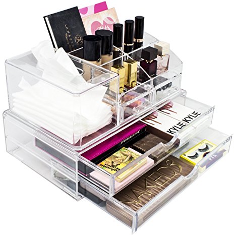 Sorbus Acrylic Large Organizer for Makeup, Cosmetics, Beauty and Jewelry - with 4 Drawers   5 Slots   Tissue Compartment - Convenient Stackable Design