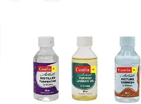 Camlin Set of Artist Turpentine Oil, Linseed Oil and Picture Varnish - 100 ml Each (Multicolor).