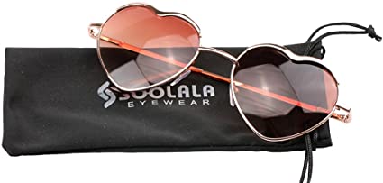 SOOLALA Womens Thin Metal Heart Shaped Frame Cupid Sunglasses w/Pouch