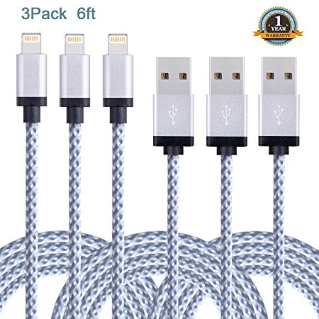 Sundix iPhone Cable, 3Pack 6FT Nylon Braided 8 Pin Lightning to USB Charger Cable Compatible with iPhone 7/7 Plus/6s/6s Plus/6/6 Plus/5/5S/5C/SE/iPad and iPod(White)