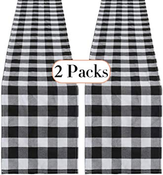 QueenDream Black and White Runner 2 Pack 13 x 84 Inches Buffalo Plaid Runner Cotton Table Runner for Family Dinners or Gatherings