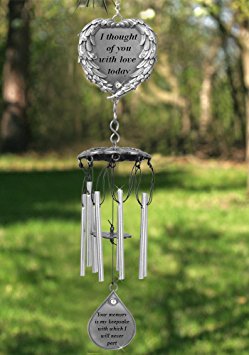 Memorial Windchimes - I Thought of You With Love Today Poem Engraved on this Wind Chime - Angel Wings Wrapped Around a Heart and Teardrop Charm - In Loving Memory Chimes