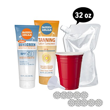 Hidden Flask - Sunscreen and Tanning Lotion Set - Includes 2 8oz Tubes, Funnel, 10 Seals, and 1 Free 32oz Cruise Flask - Sneak Alcohol Anywhere - Sporting Events, On a Cruise or Glass Restricted Areas