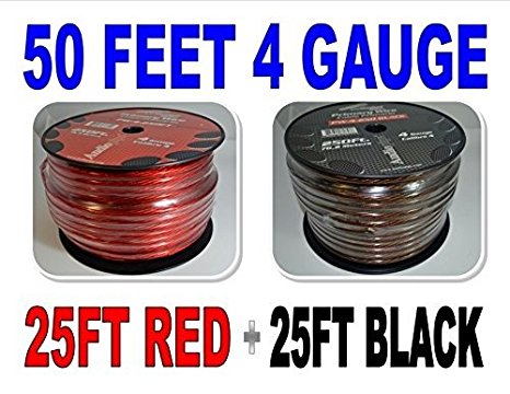 4 Gauge 25' BLACK and 25' RED Car Audio Power Ground Wire Cable 50' ft Total