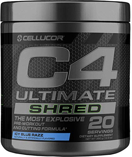 Cellucor C4 Ultimate Shred Pre Workout Powder, Fat Burner for Men & Women, Weight Loss Supplement with Ginger Root Extract, ICY Blue Razz, 20 Servings