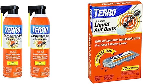 TERRO T1901SR Ready to Use Indoor and Outdoor Carpenter Ant, Termite, and Carpenter Bee Killer Aerosole Spray - 2 Pack 32 Total Ounces & T300B Liquid Ant Killer, 12 Bait Stations