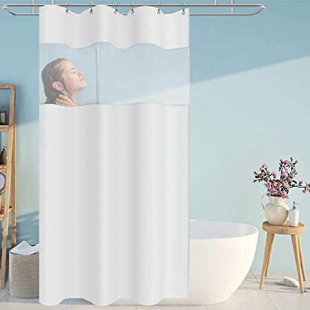 Eforcurtain Small Size 36 Inch Wide by 72 Inch Long Bath Curtains Waterproof Machine Washable Solid White Cloth Shower Curtain with White Window Mesh