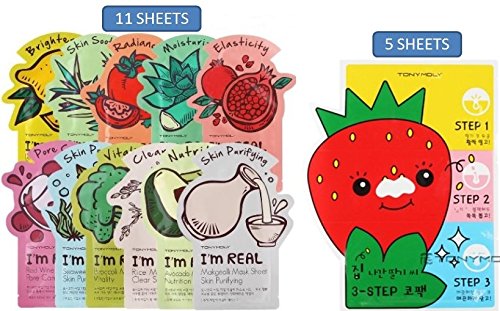 BUNDLE - TONYMOLY I'm REAL Mask Sheet Pack (11 sheets)   TONYMOLY Seedless Strawberry Seeds 3-Step Nose Pack (5 sheets)