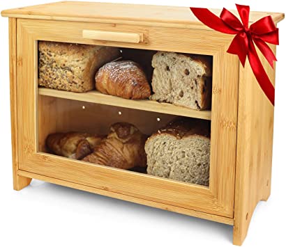 PRISTINE BAMBOO Bread Box - Baker Designed, Freshness for Days - 2 Layer Large Breadbox for Homemade Bread, Bread Bin for Kitchen Countertop, Double Bread Storage Container (assembly required)