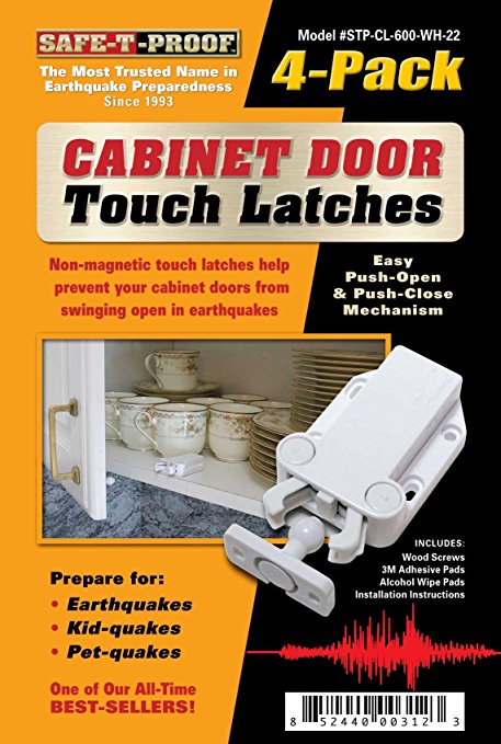 Safe-T-Proof Cabinet Door Touch Latches, White, 4-Pack