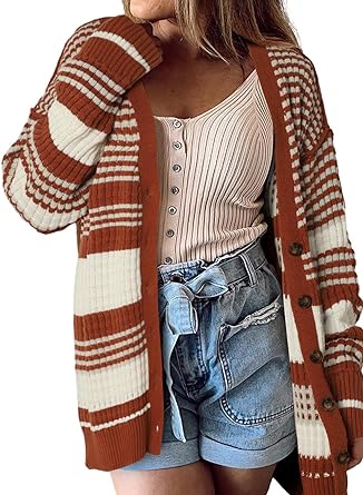 Dokotoo Cardigan Women Fall Fashion 2023 Fall Striped Knit Cardigans Sweaters