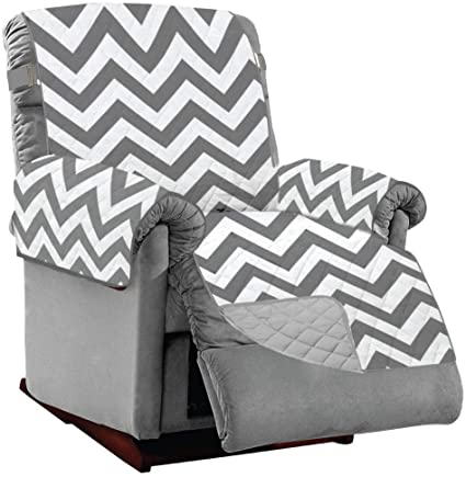 SOFA SHIELD Original Patent Pending Reversible Large Recliner Protector, Seat Width up to 28 Inch, Furniture Slipcover, 2 Inch Strap, Reclining Chair Slip Cover Throw for Pets, Recliner, Chevron Gray