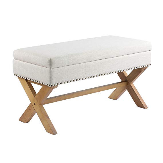 CO-Z Antique Drexler Storage Bench Ottoman Natural Linen Fabric with X-shape Leg & Brass Nailhead (Light Sand)