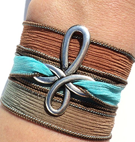 Cross Silk Wrap Bracelet Religious Jewelry Christian Boho Silk Ribbon Brown Aqua Blue