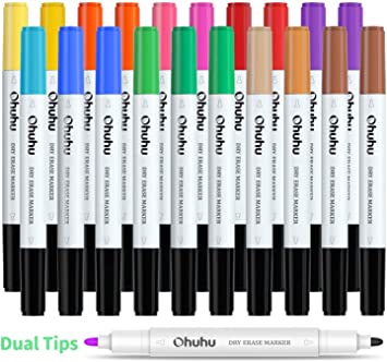 Dry Erase Markers, Ohuhu 20 Pack 15 Assorted Colors Low-Odor Dual Tips Dry Erase Window Marker Pens For Writing on White boards, Dry-Erase Boards, Kids & School, Calendar, Refrigerator