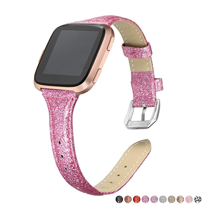 bayite Bands Compatible with Fitbit Versa, Slim Genuine Leather Band Replacement Accessories Strap Versa Women Men (5.3"-7.8")