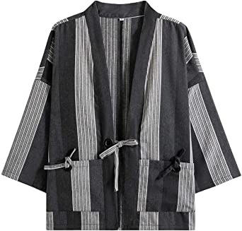 PRIJOUHE Men's Japanese Fashion Kimono Cardigan Plus Size Jacket Yukata Casual Cotton Linen Seven Sleeve Lightweight