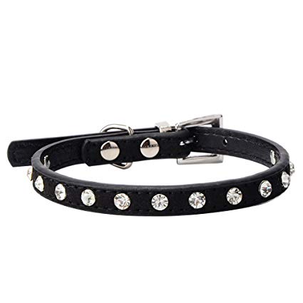 Shuohu Adjustable Rhinestone Faux Cow Suede Collar for Dog Puppy Cat - Black S
