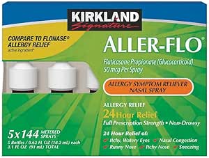 Kirkland Signature Aller-Flo Fluticasone Propionate (Glucorticoid) 5 Bottles x 144 Metered Sprays 0.62 Fl OZ per Bottle, 700 Total Sprays, 1-Pack