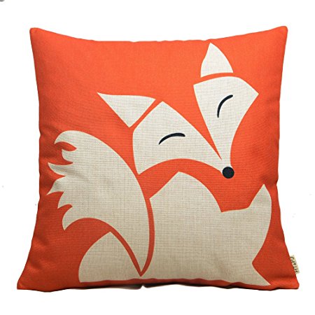 HT&PJ Decorative Cotton Linen Square Throw Pillow Case Cushion Cover Orange Little Smile Fox Design 18 x 18 Inches