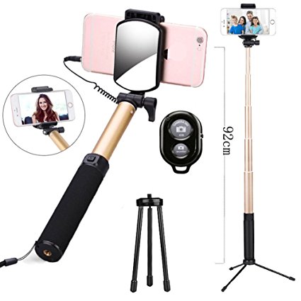 Bluetooth Selfie Stick, Teoyall Extendable Handheld Monopod Selfie Stick   Mini Tripod Stand, Rear Mirror, Wired & Bluetooth Control Remote Shutter for iOS & Android Smartphones (Golden)
