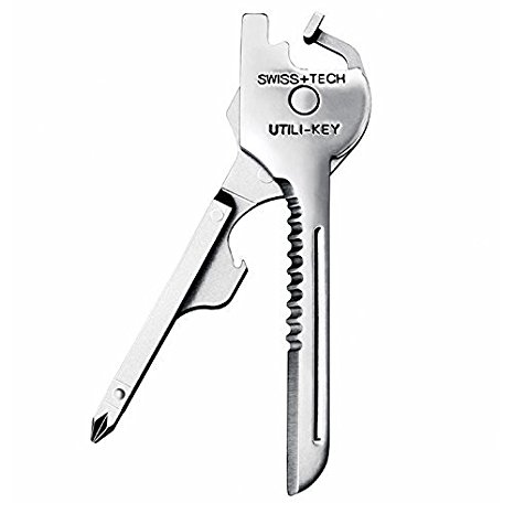 Swiss Tech ST44444 Polished SS 6-in-1 Utility Key Multitool for Keychain, Auto, Camping, Hardware - Gift Tin