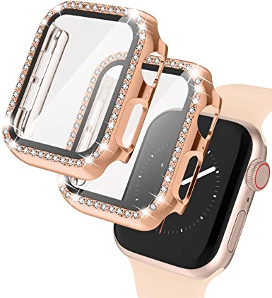 2 Pack Apple Watch Case with Tempered Glass Screen Protector for Apple Watch 44mm, Bling Diamond Rhinestone Bumper Full Cover Protective Case Compatible with iWatch Series 6/5/4/SE, Rose Gold