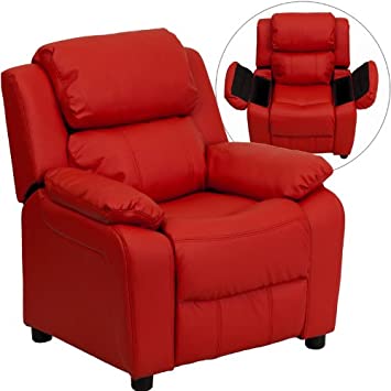 Flash Furniture Deluxe Padded Contemporary Red Vinyl Kids Recliner with Storage Arms