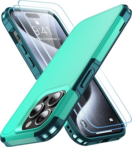 AEDILYS Shockproof for iPhone 15 Pro Case,[18 FT Military Grade Drop Protection],with 2X[Tempered Glass Screen Protector ] with Air Bumpers Full-Body Protective Phone Case, Green