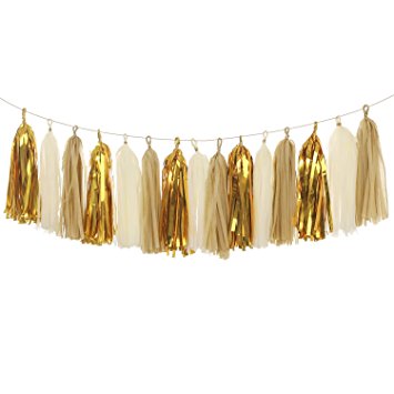 Ling's moment Tissue Paper Tassels, Tassel Garland Bunting for Wedding, Baby Shower and Party Decorations, 15 pcs DIY Kits - (Tan Ivory Metallic Gold)